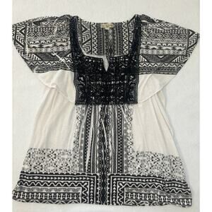 One World Live and Let Live Blouse 1X Lace Short Sleeve Shirt Black Cream‎ (h)